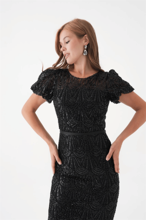 Full Boncuklu Kalem Elbise - SİYAH - 4