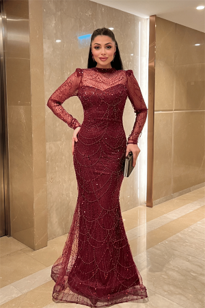 Full Boncuklu Kumaş Balık Abiye Elbise - BORDO - Angelino Moda (1)