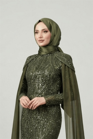 Full Boncuklu Kumaş Kolları Sifon Detaylı Tesettür Elbise - HAKİ YEŞİLİ - EİPOM (1)