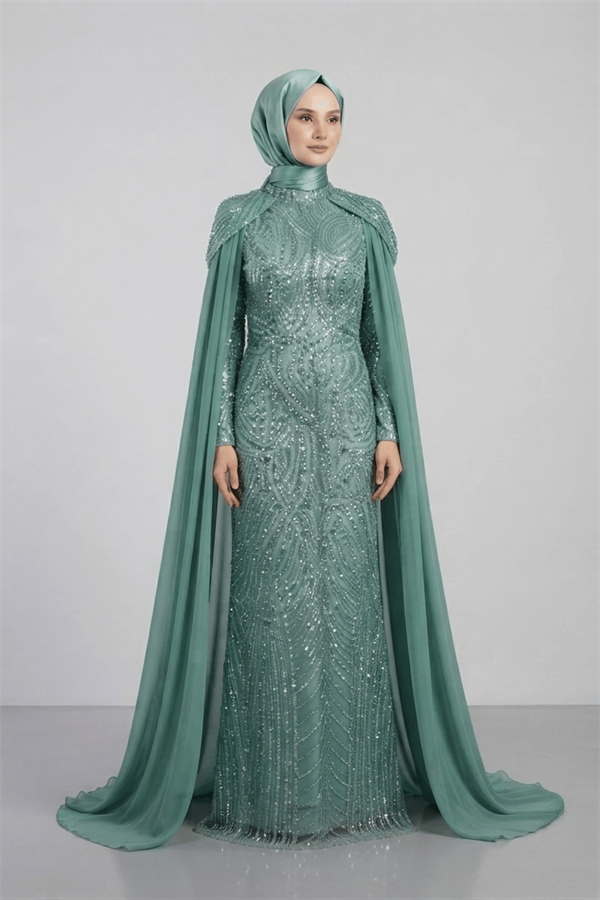 Full Boncuklu Kumaş Kolları Sifon Detaylı Tesettür Elbise - MİNT YEŞİLİ - 1