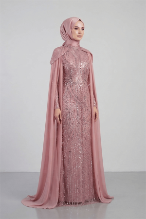 Full Boncuklu Kumaş Kolları Sifon Detaylı Tesettür Elbise - PUDRA - EİPOM