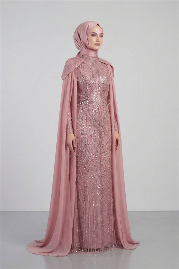 Full Boncuklu Kumaş Kolları Sifon Detaylı Tesettür Elbise - PUDRA - 1