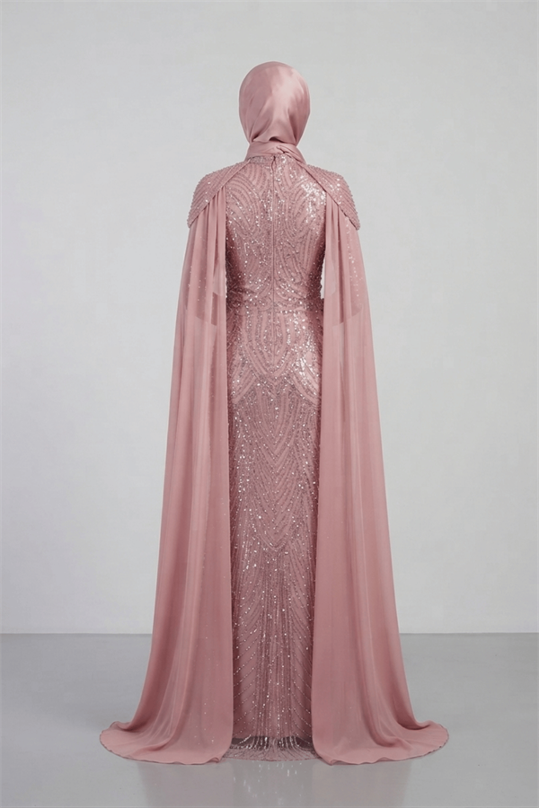 Full Boncuklu Kumaş Kolları Sifon Detaylı Tesettür Elbise - PUDRA - 2