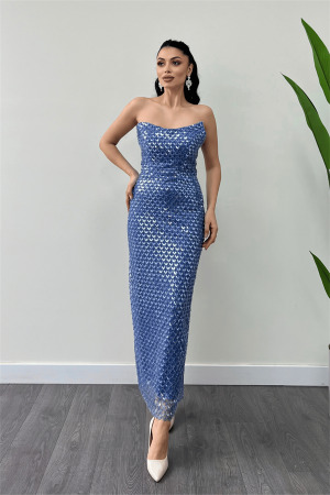 Full Boncuklu Kumaş Straplez Abiye Elbise - İNDİGO MAVİ - 1