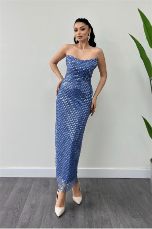 Full Boncuklu Kumaş Straplez Abiye Elbise - İNDİGO MAVİ - 2