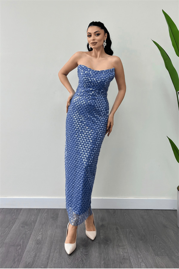 Full Boncuklu Kumaş Straplez Abiye Elbise - İNDİGO MAVİ - 2