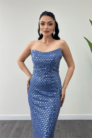 Full Boncuklu Kumaş Straplez Abiye Elbise - İNDİGO MAVİ - 3