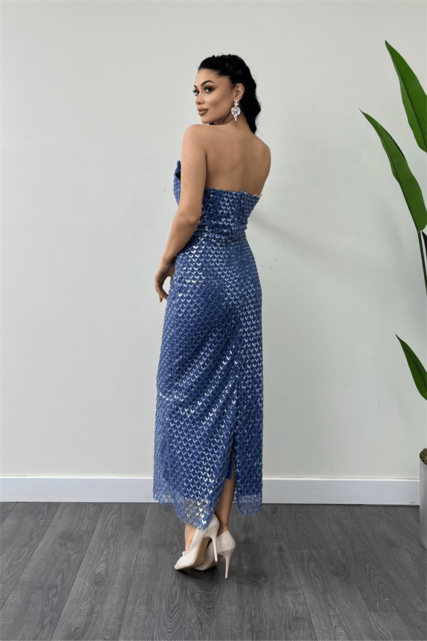 Full Boncuklu Kumaş Straplez Abiye Elbise - İNDİGO MAVİ - 5