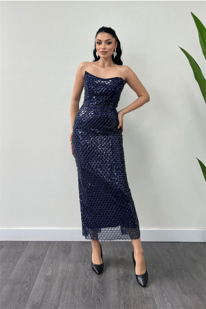 Full Boncuklu Kumaş Straplez Abiye Elbise - LACİVERT - Angelino Moda (1)
