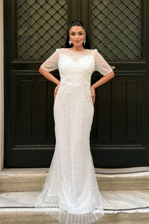 Full Boncuklu Kumaş Tasarım Elbise - BEYAZ - EİPOM