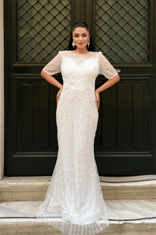 Full Boncuklu Kumaş Tasarım Elbise - BEYAZ - 1