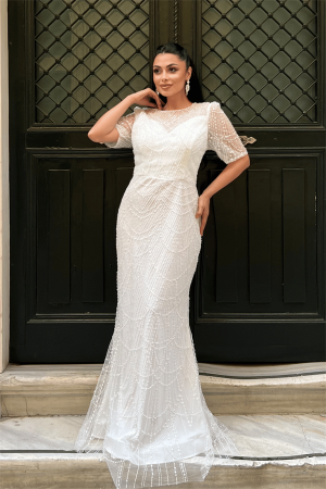 Full Boncuklu Kumaş Tasarım Elbise - BEYAZ - EİPOM (1)