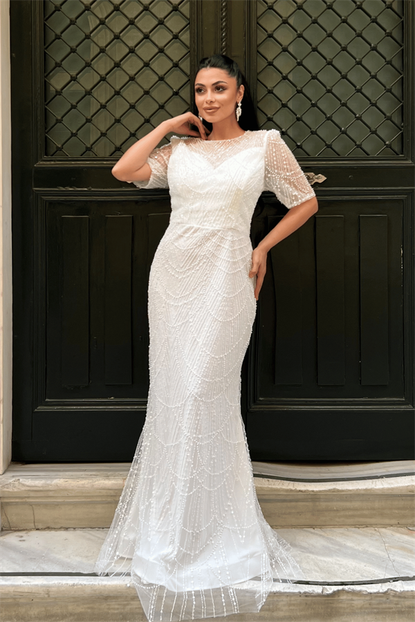 Full Boncuklu Kumaş Tasarım Elbise - BEYAZ - 2