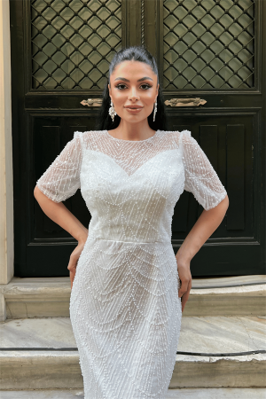 Full Boncuklu Kumaş Tasarım Elbise - BEYAZ - 3