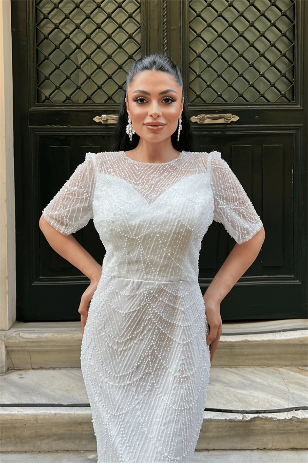 Full Boncuklu Kumaş Tasarım Elbise - BEYAZ - 3