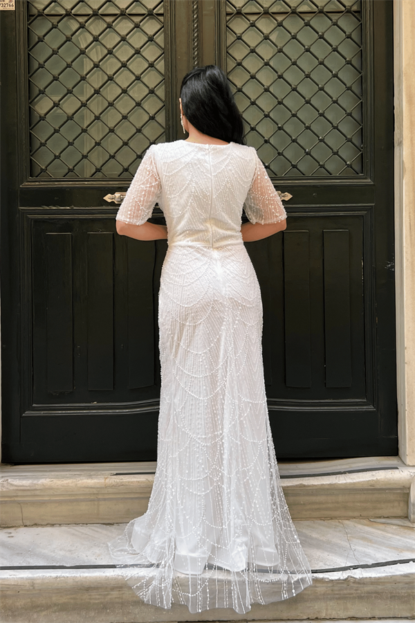 Full Boncuklu Kumaş Tasarım Elbise - BEYAZ - 5