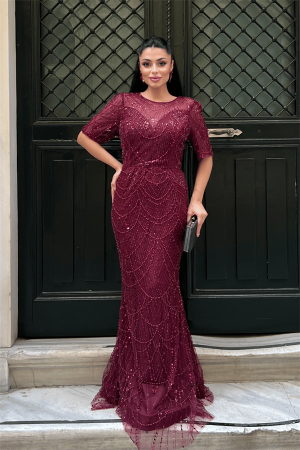 Full Boncuklu Kumaş Tasarım Elbise - BORDO - EİPOM