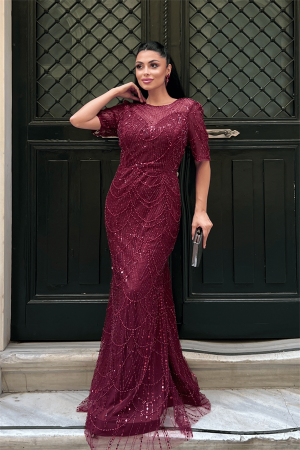 Full Boncuklu Kumaş Tasarım Elbise - BORDO - EİPOM (1)