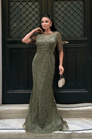 Full Boncuklu Kumaş Tasarım Elbise - HAKİ YEŞİLİ - EİPOM (1)