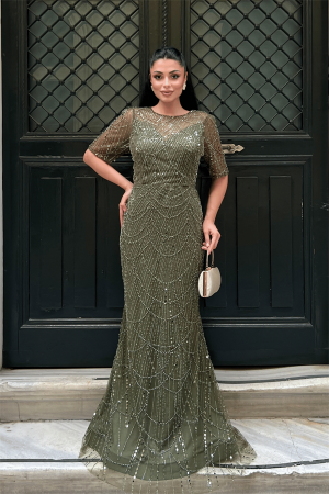 Full Boncuklu Kumaş Tasarım Elbise - HAKİ YEŞİLİ - Angelino Moda