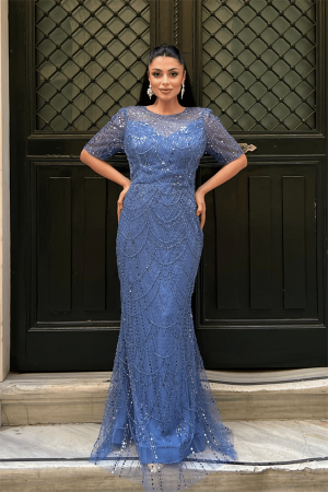 Full Boncuklu Kumaş Tasarım Elbise - İNDİGO MAVİ - EİPOM