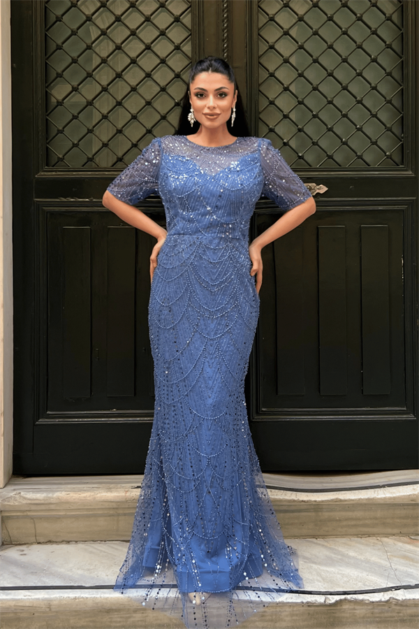 Full Boncuklu Kumaş Tasarım Elbise - İNDİGO MAVİ - 1