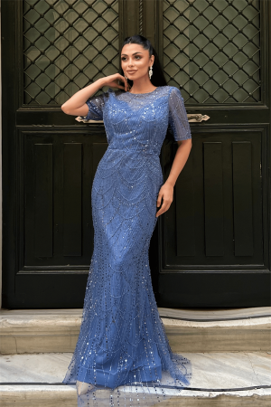 Full Boncuklu Kumaş Tasarım Elbise - İNDİGO MAVİ - EİPOM (1)