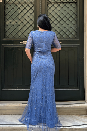 Full Boncuklu Kumaş Tasarım Elbise - İNDİGO MAVİ - 5