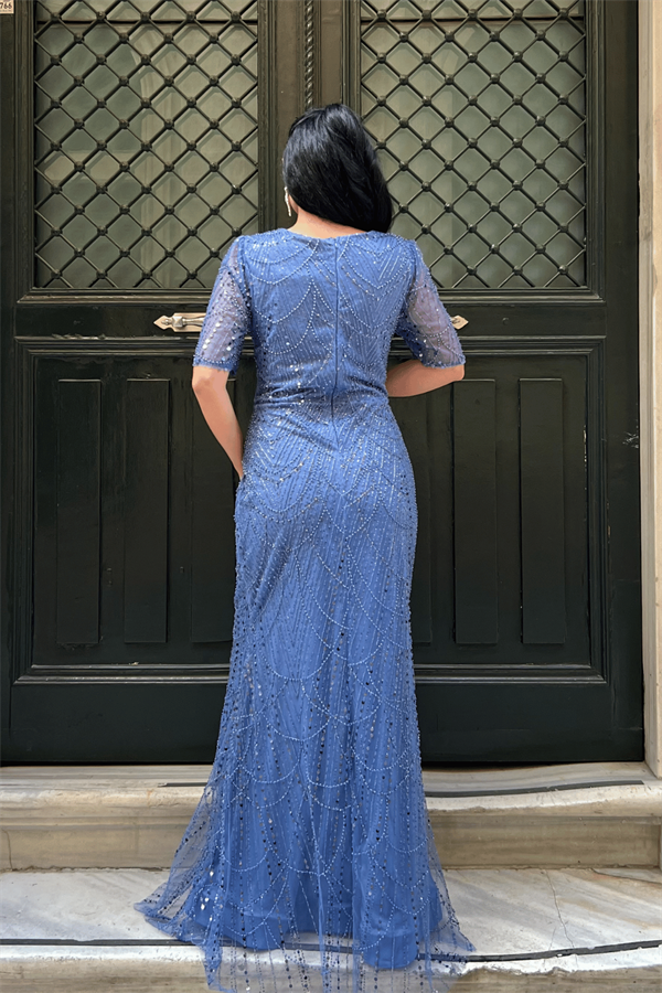 Full Boncuklu Kumaş Tasarım Elbise - İNDİGO MAVİ - 5