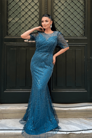 Full Boncuklu Kumaş Tasarım Elbise - TURKUAZ - EİPOM (1)