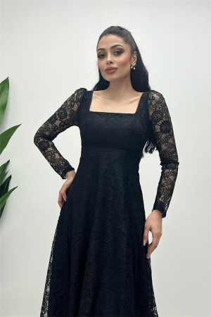 Full Lace Fabric Square Neck Midi Evening Dress - BLACK - Angelino Moda