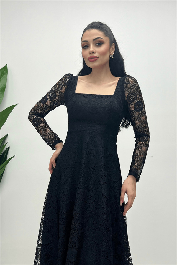 Full Lace Fabric Square Neck Midi Evening Dress - BLACK - 1