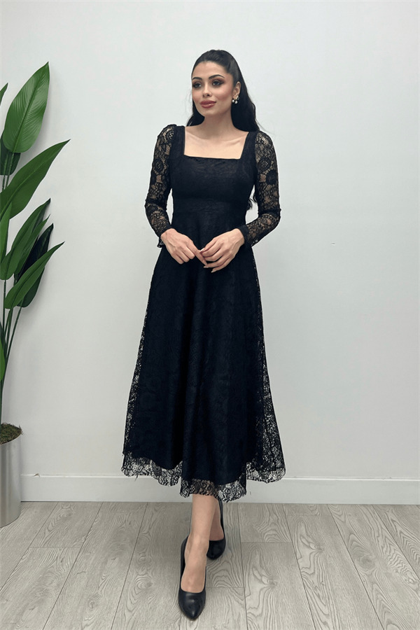 Full Lace Fabric Square Neck Midi Evening Dress - BLACK - 3