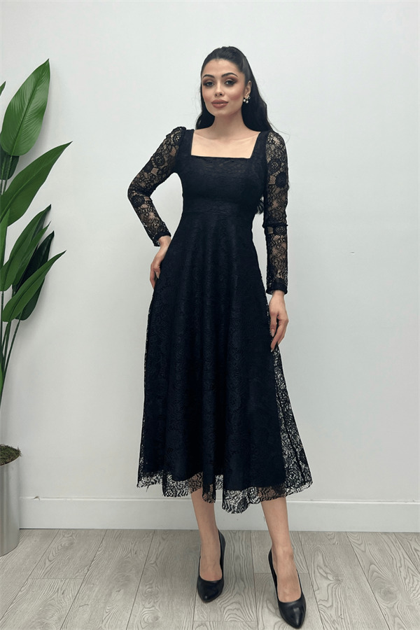 Full Lace Fabric Square Neck Midi Evening Dress - BLACK - 4