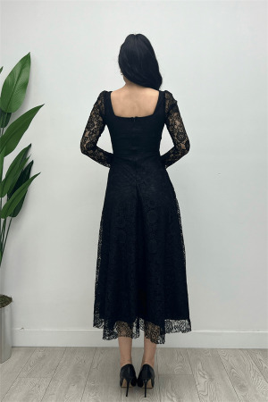 Full Lace Fabric Square Neck Midi Evening Dress - BLACK - 5