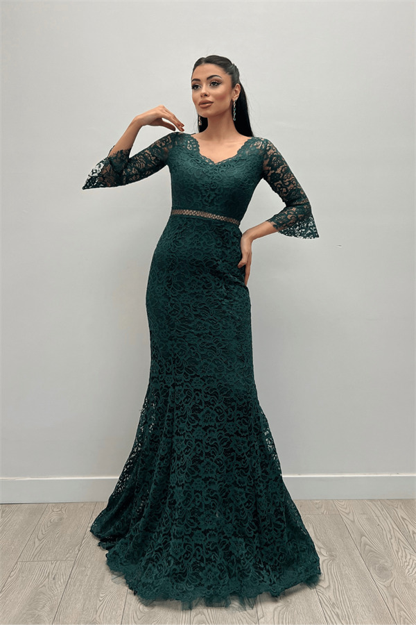 Full Guipure Fish Dress - EMERALD GREEN - 1