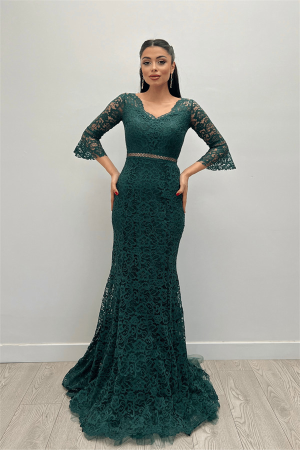 Full Guipure Fish Dress - EMERALD GREEN - 5