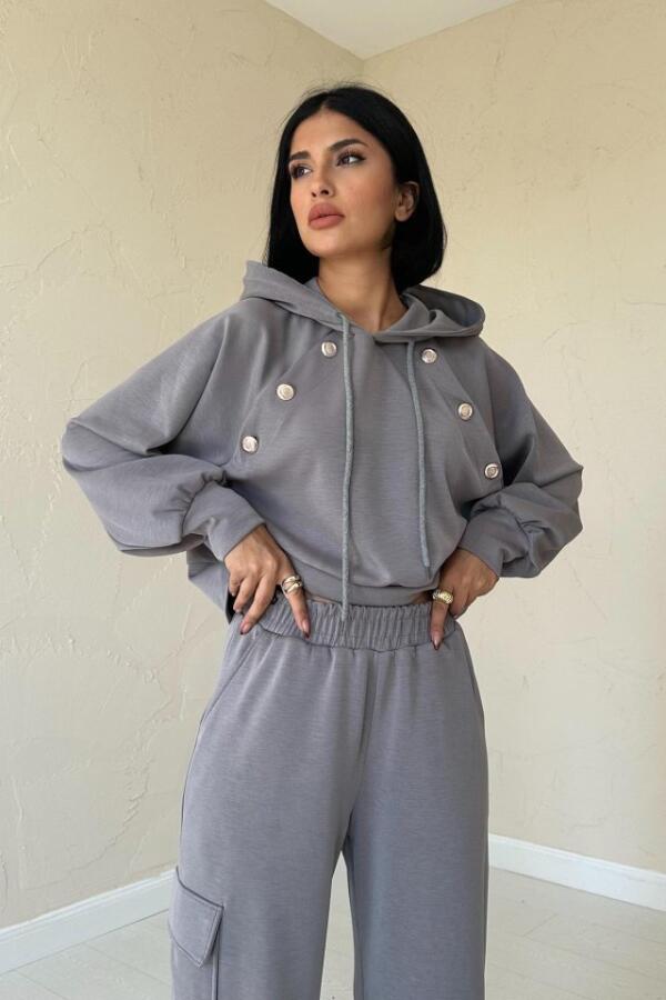 Füme Kapüşonlu Sweatshirt Ve Kargo Pantolon Takım - 2
