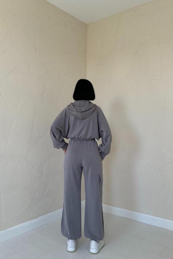 Füme Kapüşonlu Sweatshirt Ve Kargo Pantolon Takım - 4