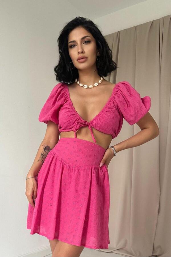 Fuşya Brode Crop Ve Mini Etek Takım - 2