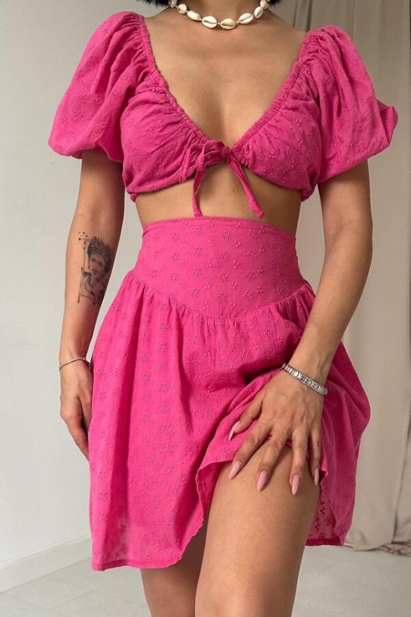 Fuşya Brode Crop Ve Mini Etek Takım - 3
