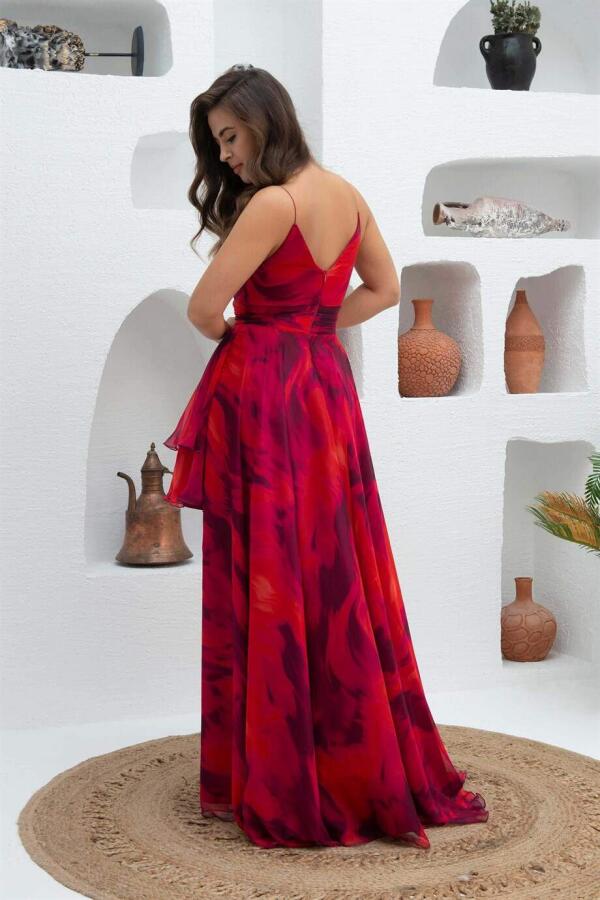 Fuchsia Printed Long Evening Dress with Short Straps on the Front - 5