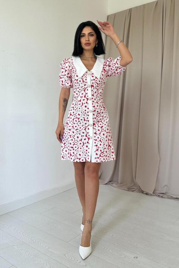 Fuşya Önlük Yakalı Poplin Elbise - 1