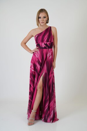 Fuchsia Single Sleeve Slit Printed Evening Dress - 3