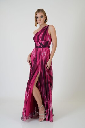 Fuchsia Single Sleeve Slit Printed Evening Dress - 1