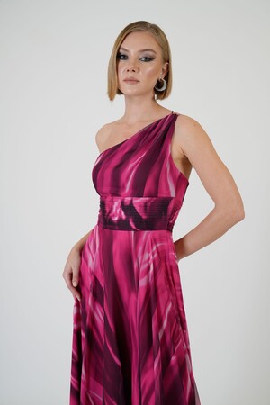 Fuchsia Single Sleeve Slit Printed Evening Dress - 5