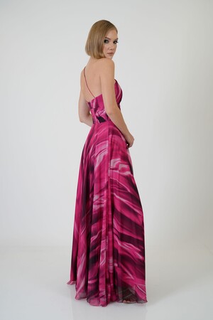 Fuchsia Single Sleeve Slit Printed Evening Dress - 6