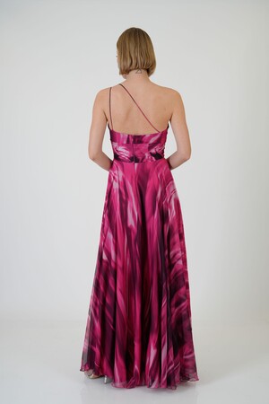 Fuchsia Single Sleeve Slit Printed Evening Dress - 2