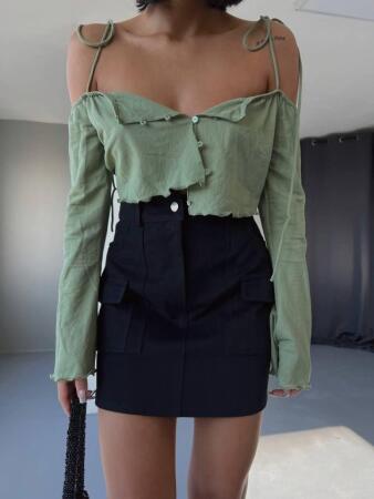 GABARDİN KISA ETEK CEP DETAYLI - Siyah - ANGELINO BuyukBedeniz (1)