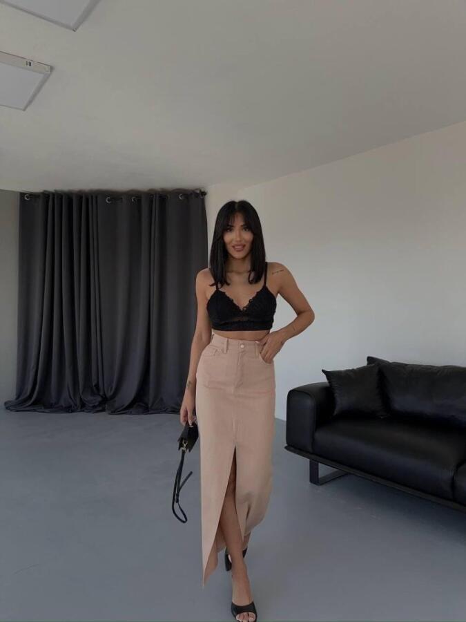 GABARDİN UZUN ÖNDEN YIRTMAÇLI ETEK - Kahverengi - 2